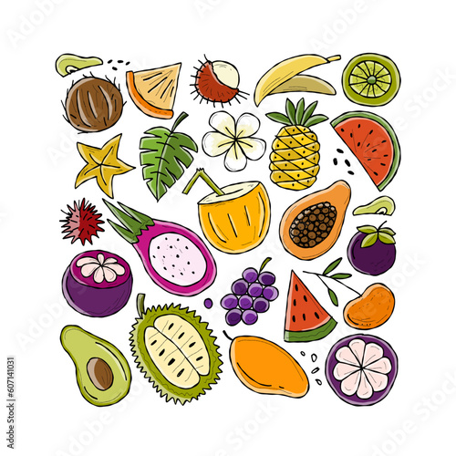 Tropical fruits collection. Square shape background for your design.