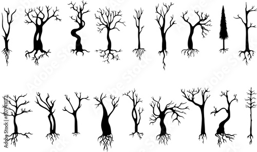 Tree with roots black nature silhouettes. Isolated trees naked, empty branches decorative elements. Forest autumn, neoteric abstract vector clipart