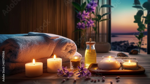 Spa still life with candles, sea view, towels and flowers.