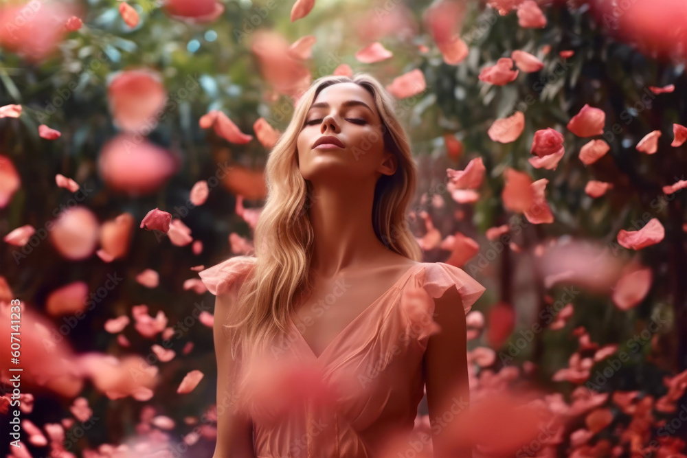 A blonde woman in a pink dress surrounded by pink petals, in the style of ethereal images. Generative AI A blonde woman in a pink dress surrounded by pink petals, in the style of ethereal images. Generative AI