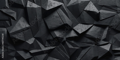 abstract black crystal background, faceted texture, macro panorama, wide panoramic polygonal wallpaper, generative ai