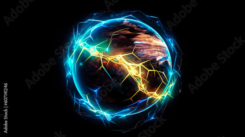 Global international connection information exchange blockchain cryptocurrency. Planet space low poly future technology finance banking design. Ai generated