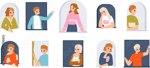 People looking, peeping and hiding. Cartoon curious expressions, teenagers behind wall and windows. Isolated young adults spy, snugly vector set