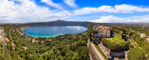  Most scenic lakes of Italy - volcanic Albano lake , aerial drone view of Castel Gandolfo village and crater of volcno. popular touristic site near Romem, famous as Pope residense photo