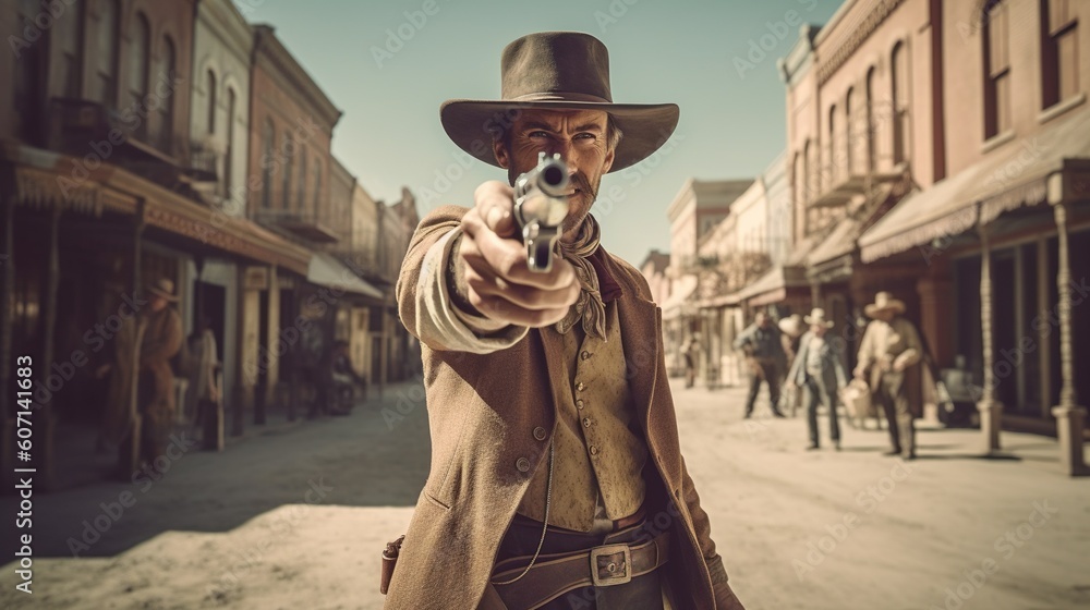Cowboy duel or gunfight, sheriff aiming with gun, western movie scene in small american town in wild west. Generative AI - obrazy, fototapety, plakaty 
