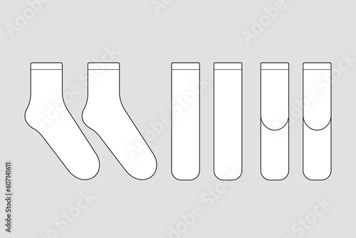Socks vector template isolated on white. Unisex clothes. Apparel models sketch set. Outline for fashion clothes design. Front, right and back view. photo