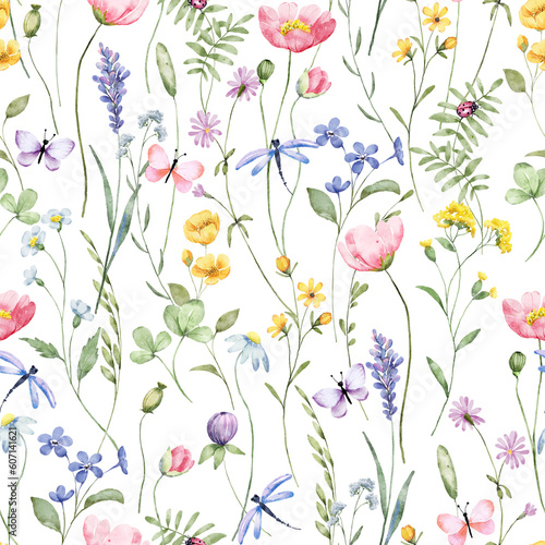 Seamless background, floral pattern with wildflowers. Repeat fabric wallpaper print texture. Perfectly for wrapped paper, backdrop.