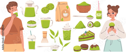 Oriental matcha tea, macarons and cakes from green powder. Teens drinking and eating desserts. Cartoon organic japanese food, snugly vector clipart