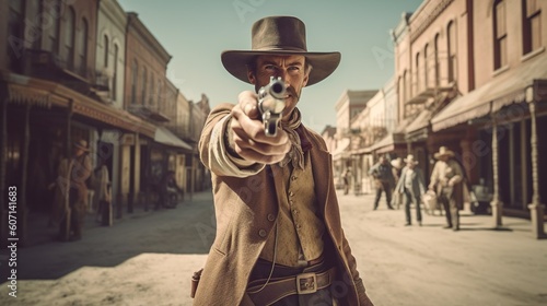 Cowboy duel or gunfight, sheriff aiming with gun, western movie scene in small american town in wild west. Generative AI