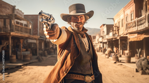 Fotografiet Cowboy duel or gunfight, sheriff aiming with gun, western movie scene in small american town in wild west