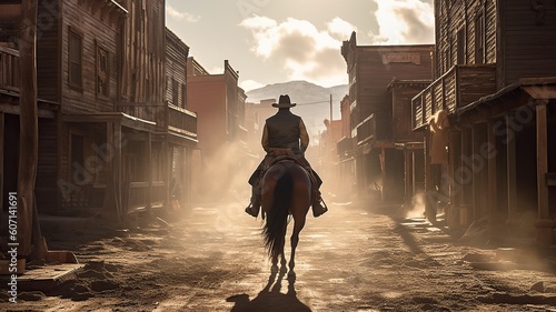 Back view of cowboy riding on a horse, western movie scene in wild west town. Generative AI