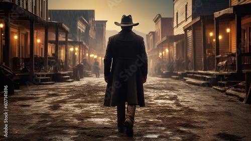 Billede på lærred Back view of cowboy, western movie scene in wild west town