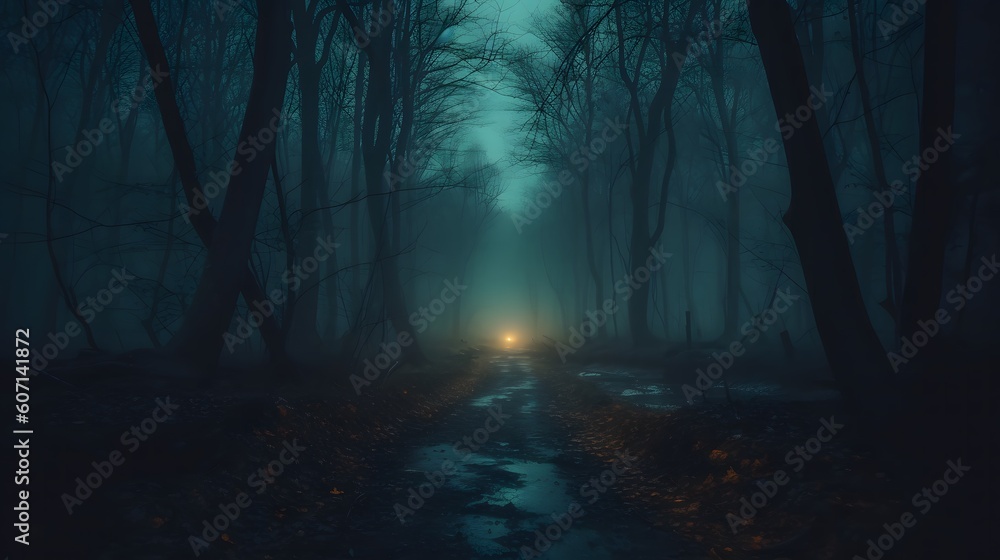 Spooky Halloween misty foggy forest night. Scary dark backround for halloween card. Halloween night in a deep dark mysterious forest. Spooky eerie misty foggy woods at night with moonlight.
