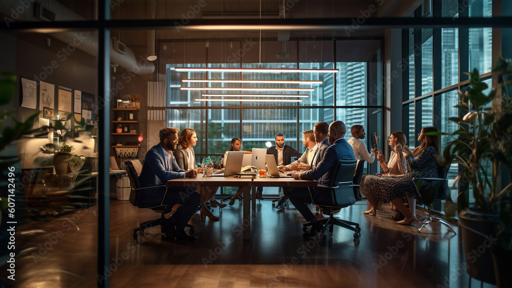 a professional and dynamic business image featuring a diverse team collaborating in a modern office environment