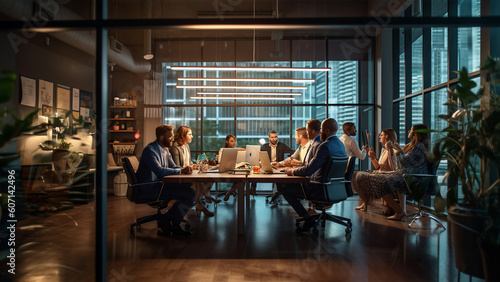 a professional and dynamic business image featuring a diverse team collaborating in a modern office environment
