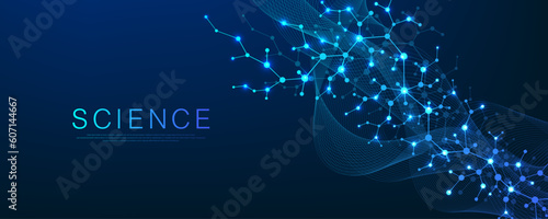 Molecular abstract structure and genetic engineering DNA. Healthcare and medicine background concept. Scientific research background. Wave flow. Innovation pattern. Vector illustration.