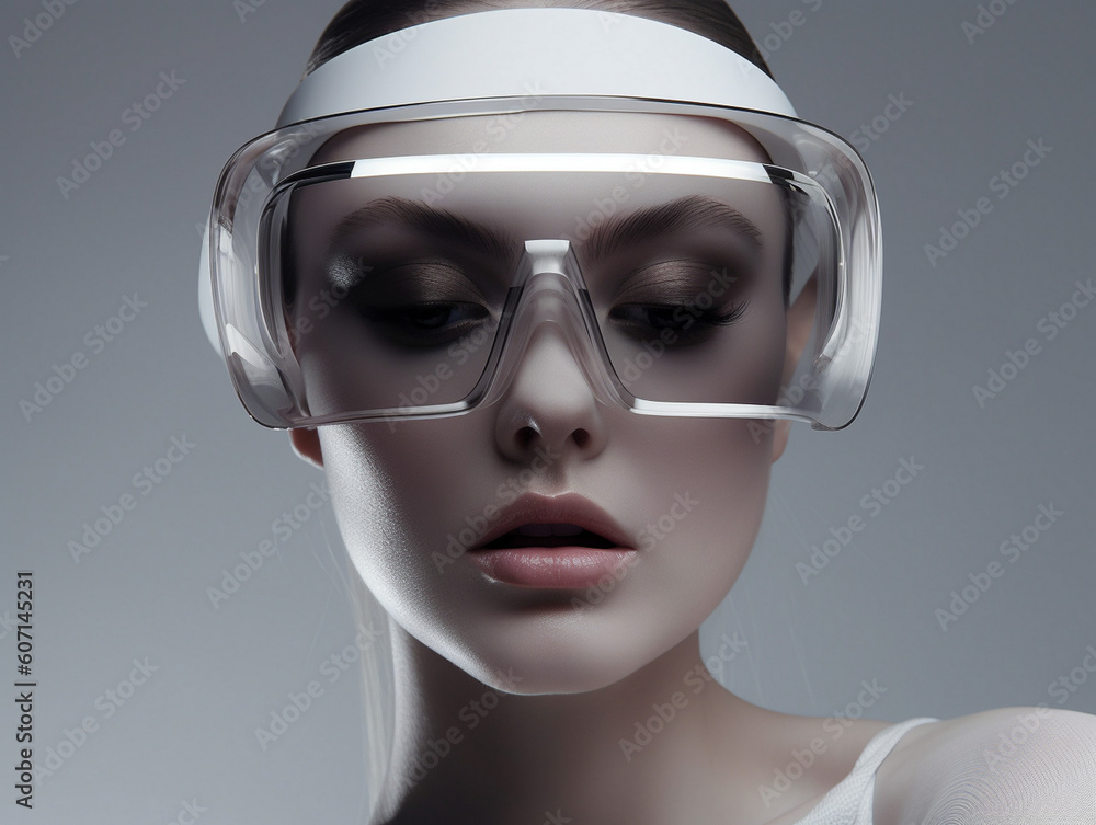 Model young woman in glasses of virtual reality. Augmented reality, future technology concept. VR. Neon light. AI generative