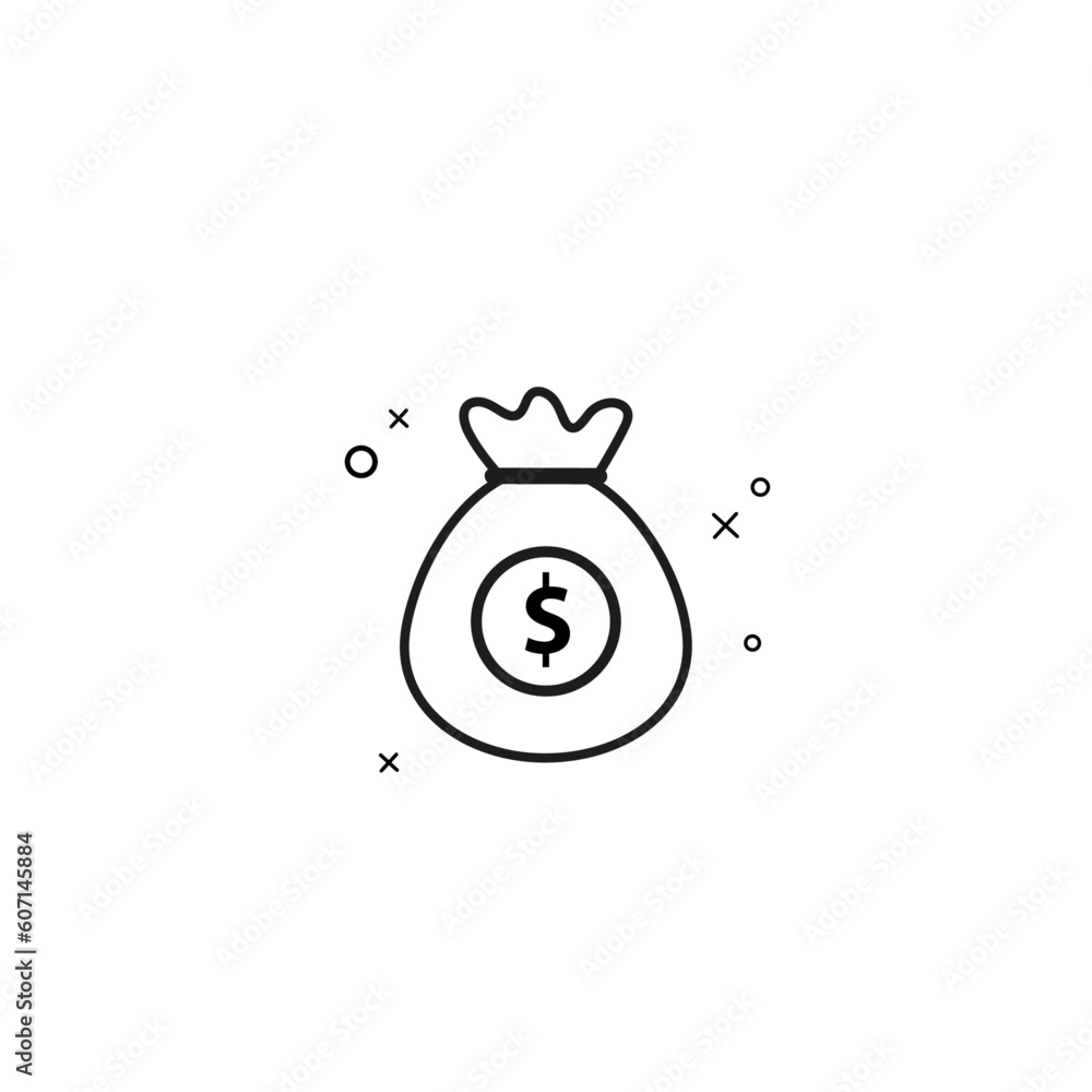 Money bag black and white simple icon. Dollar icon, money icon, dollars. Finance, earnings, success logo. Vector illustration on white background. Money bag black and white simple icon. Dollar icon, money icon, dollars. Finance, earnings, success logo. Vector illustration on white background.