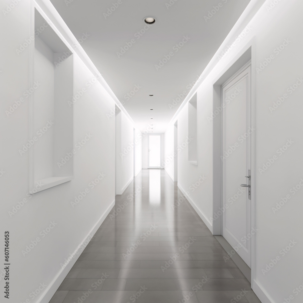 A minimalist styled house with a narrow, empty corridor A minimalist styled house with a narrow, empty corridor