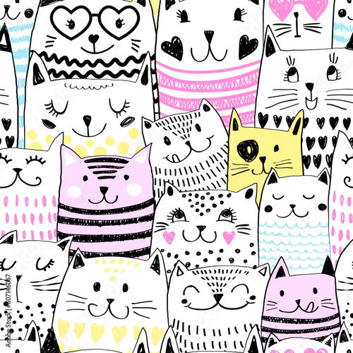 Abstract seamless pattern for little  girls with colorful funny cats. Fashion illustration in modern style. Bright print