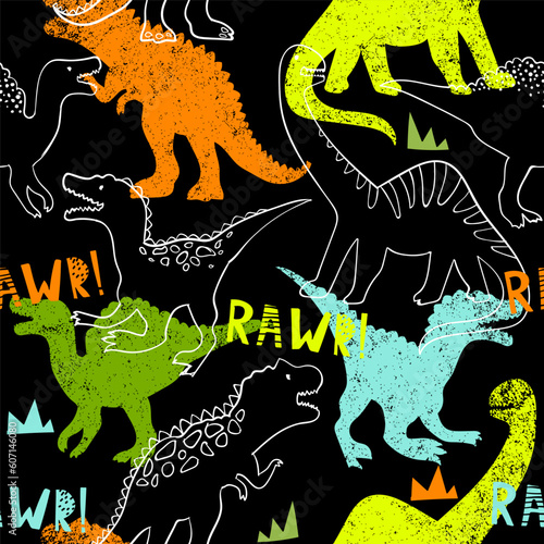 Grunge seamless pattern with dinosaur on black background. Print for boys 