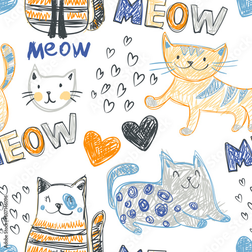 Funny seamless pattern with hand drawn cats for girl.
