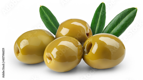 Green olives with leaves isolated on white background
