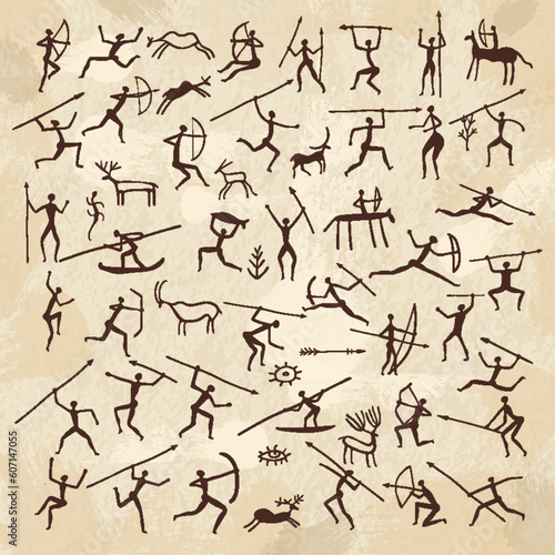 Caveman pictures. Wall paintings symbols of prehistoric period recent vector ancient primitive pictures
