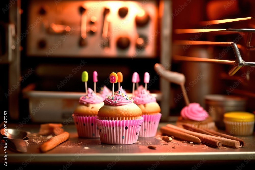 make cupcake in front oven and stuff food photography