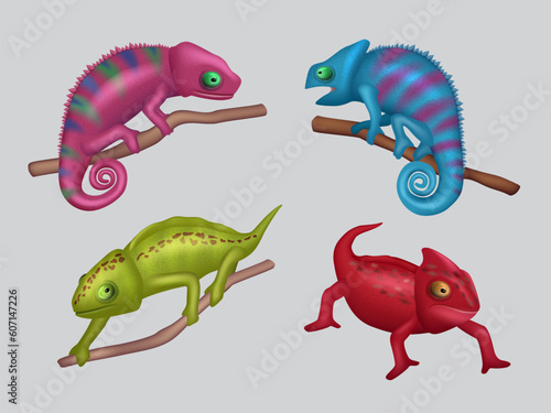 Chameleon. Realistic colored masked animals on branch decent vector wildlife animal