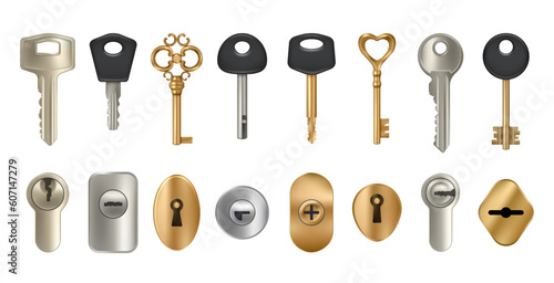 Keyholes. Key locks and keyholes in doors decent vector realistic pictures
