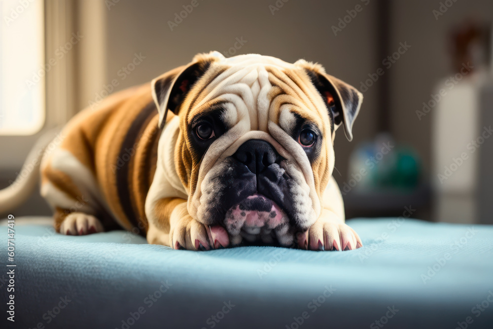 Digital photo of a cute English bulldog. Wildlife imagery in the Modern Operating room in the veterinary clinic. Generative AI