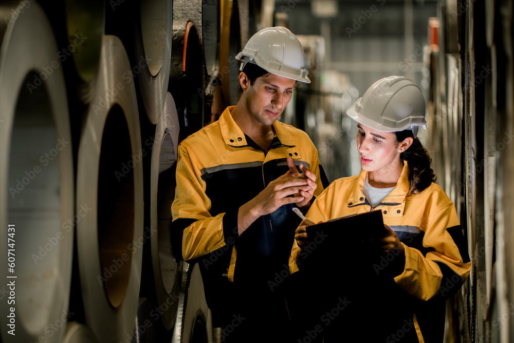 Two maintenance engineers men and women industrial factory behind she talking with workers. They work a heavy industry manufacturing factory. Female industrial engineer wearing a white helmet.