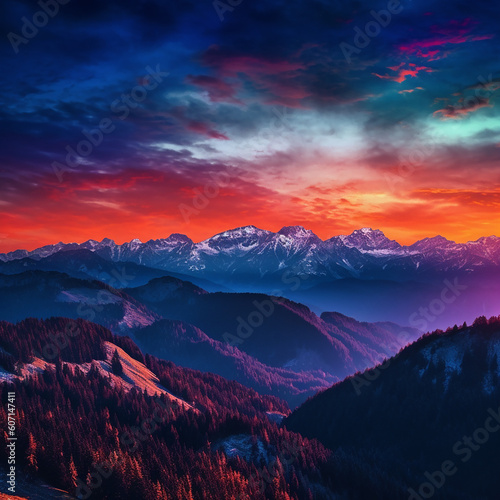 Góry czerwień i zachód słońca