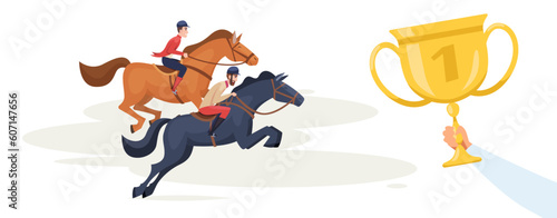 Horse riders. sport equestrian characters moving to golden achievement. Vector concept background in cartoon style