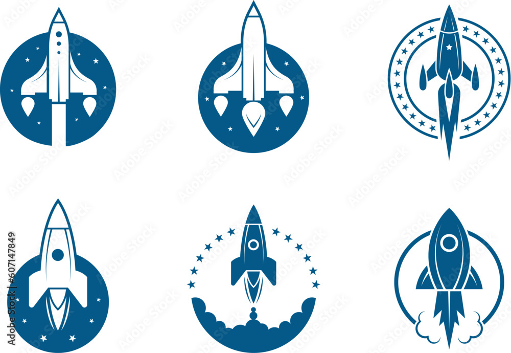 Sputnik icons. Rockets speed blue emblem items, spacecraft symbols, spaceship silhouettes, space ships graphics