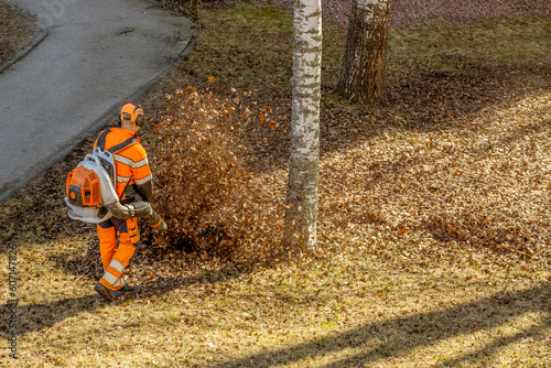 City leaf cleaner blowing up fallen leaves on sunny early spring day. Service worker operating backpack leaf blower. Unrecognizable male maintenance worker using wireless blower to clean lawn grass