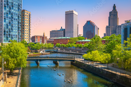 Providence City  Skyline, Skyscrapers, and Buildingsover Woonasquatucket River at Waterplace Park in Providence, Rhode Island  photo