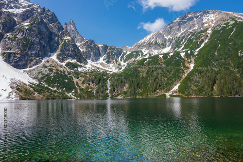 beautiful landscape view of Lake Morskie Oko in the mountains with clear water and reflection in Zakopane Poland in the Tatra National Park