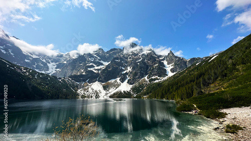 beautiful landscape view of Lake Morskie Oko in the mountains with clear water and reflection in Zakopane Poland in the Tatra National Park