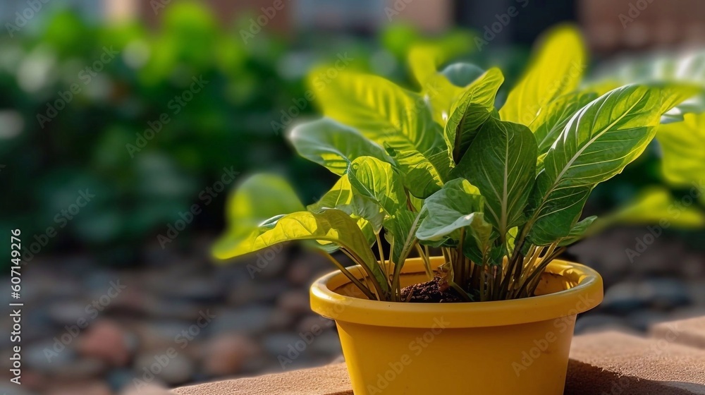 Close up of Plants in pot in sunny garden. Selective focus. AI generated