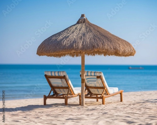 Chairs And Umbrella In Tropical Beach. Beautiful tranquil white sand beach with two beach chair and thatched umbrella with copy space. AI generated