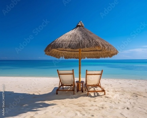 Chairs And Umbrella In Tropical Beach. Beautiful tranquil white sand beach with two beach chair and thatched umbrella with copy space. AI generated