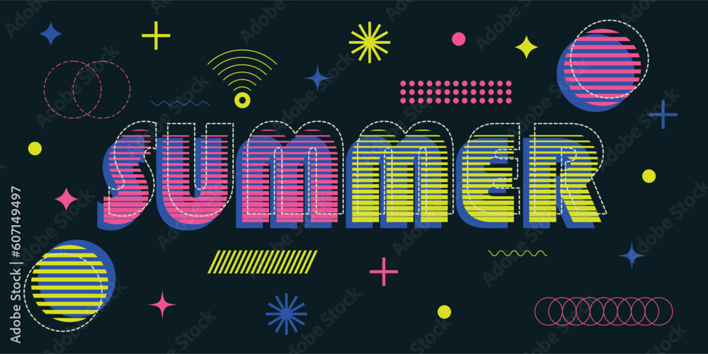  Colorful summer banner design with geometric shapes in trendy futuristic style. Poster, postcard, design for the site. Vector illustration.