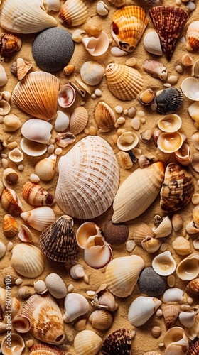 Seashells on sand background with AI generation