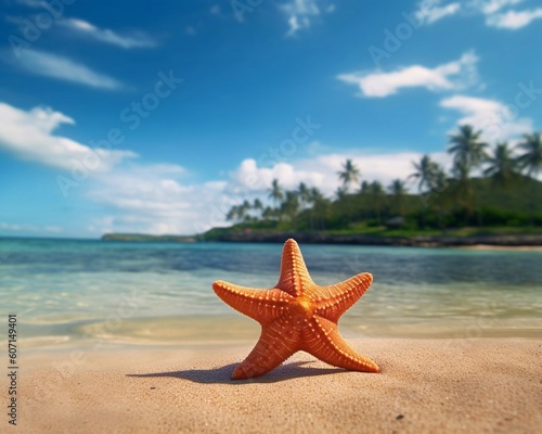 Tropical beach with sea star on sand   summer background. Conch shell on beach with waves. Copy space. Ai generative