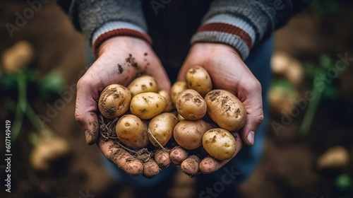 Fresh Baby potatoes harvest in hands farmer on field background