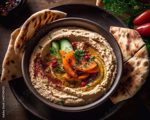 Bowl with hummus with veggies and flatbread, top view, wooden background. AI generated photo
