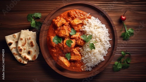 Traditional Indian dish Chicken tikka masala with spicy curry meat in bowl, basmati rice, bread naan on wooden dark background, top view, close up. Indian style dinner from above 