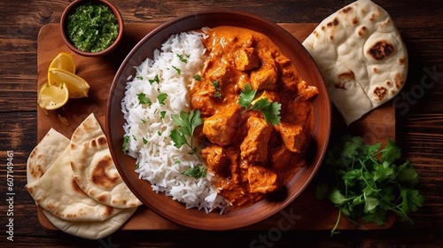 Traditional Indian dish Chicken tikka masala with spicy curry meat in bowl, basmati rice, bread naan on wooden dark background, top view, close up. Indian style dinner from above  photo